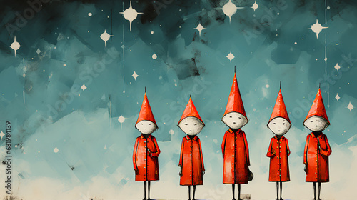 Illustration of a group of children  wearing Christmas outfits - Santa hats - retro vintage feel - extreme blue night  sky background - holiday spirit - festive dress 