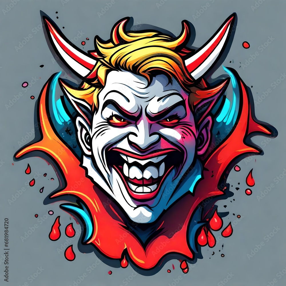 cartoon vector style t-shirt art of a devil laughing, bright neon colors cartoon vector style t-shirt art of a devil laughing, bright neon colors