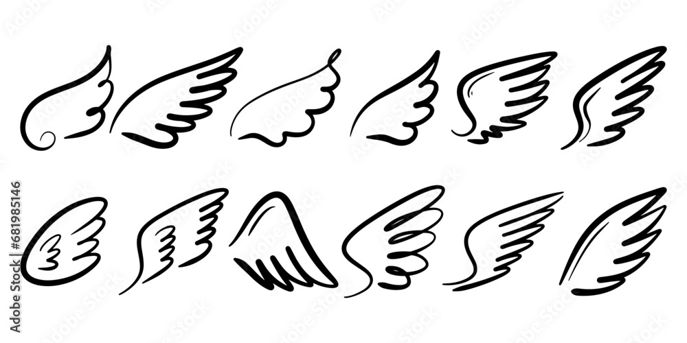 Doodle sketch style of Abstract Wings cartoon hand drawn illustration for concept design.