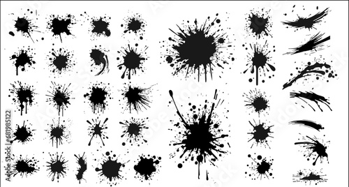 A group of ink blots. Black ink stains and dirt spots scattered with isolated drops and spots. Stencil ink spray. High quality hand traced. Isolated spot drops. Vector illustration photo