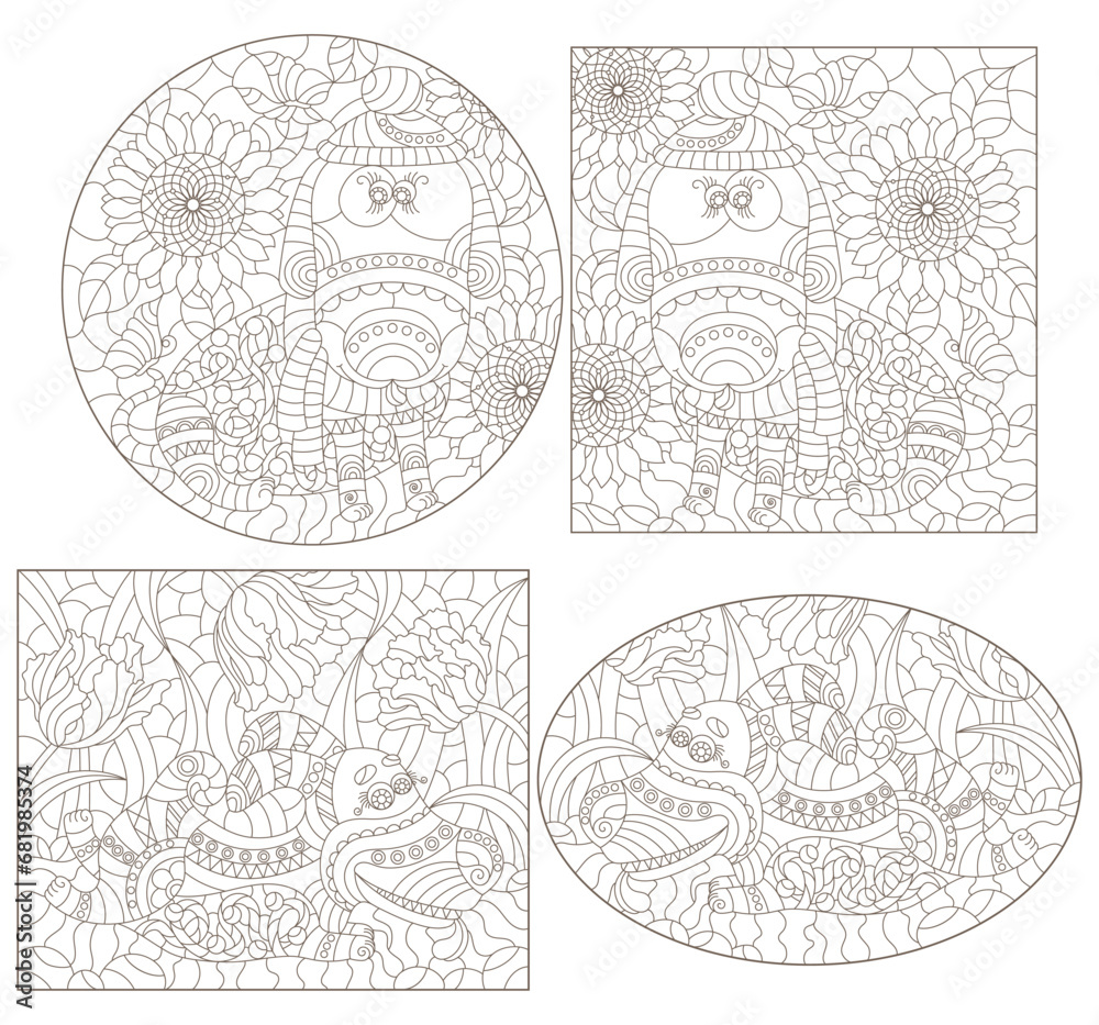 Obraz premium A set of contour illustrations in the style of stained glass with cute dogs, dark contours on a white background