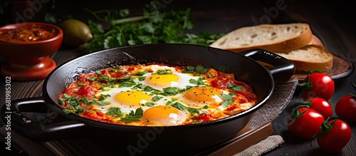 On the green table, a mouthwatering Shakshuka dish was prepared, consisting of red tomatoes, healthy vegetables, and yellow eggs, cooked in Arabic cuisine style, perfect for a hearty breakfast or a