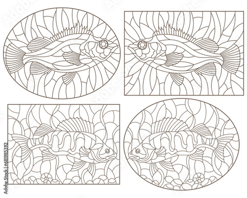 A set of contour illustrations of stained glass Windows with fish perch on the background of the bottom and algae , dark contours on a white background