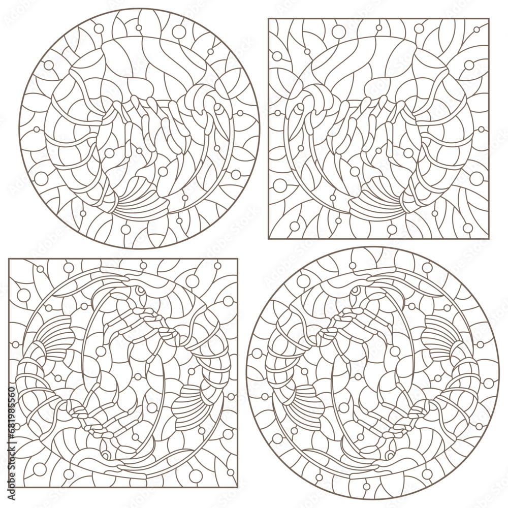 Set of contour illustrations in stained glass style with shrimps on a background of water and air bubbles, dark contours on a white background Set of contour illustrations in stained glass style with shrimps on a background of water and air bubbles, dark contours on a white background