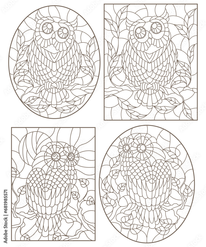 Set of contour illustrations with a cute owls on a branches, dark contours on white background Set of contour illustrations with a cute owls on a branches, dark contours on white background