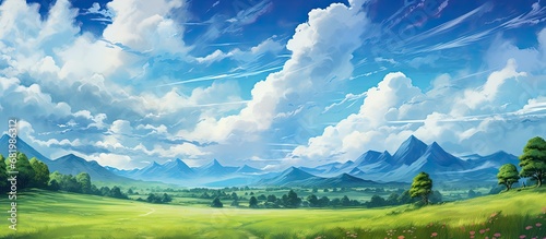 The summer sky painted a beautiful background as I strolled through the scenic park  surrounded by the lush green forests  majestic mountains  and vibrant colors of nature  with the clouds hovering