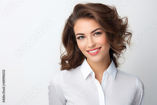 The portrait of a confident business woman in a suit with brown or gray hair standing and posing on a white studio screen background. Generative AI.