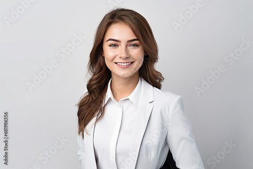 The portrait of a confident business woman in a suit with brown or gray hair standing and posing on a white studio screen background. Generative AI. photo