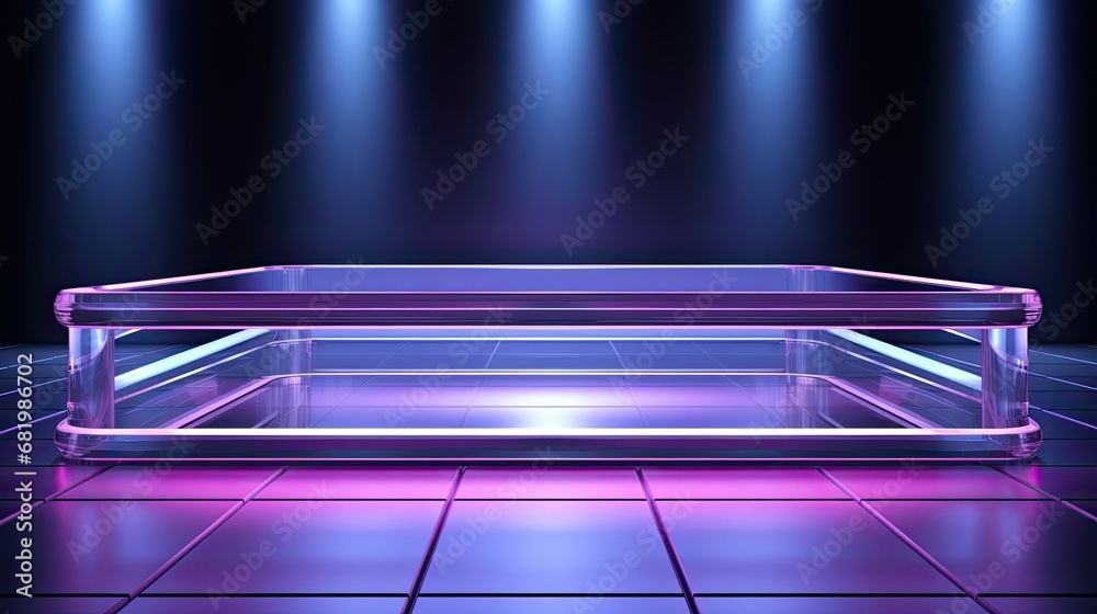 3D Glass Platform with Studio Lights on a Purple-Blue Background 3D Glass Platform with Studio Lights on a Purple-Blue Background