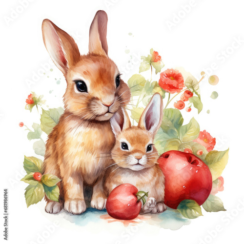 Cute mom and baby rabbit  fruits with flower Illustration  Generative Ai