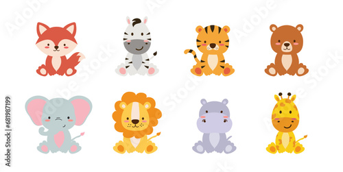 Cute little animals boho animals. Lion,fox, elephant bear, tiger