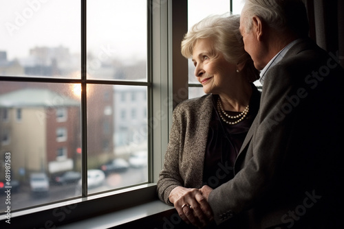 The portrait of a lovely senior couple leaning and standing next to the window while looking at the view outside. Generative AI.