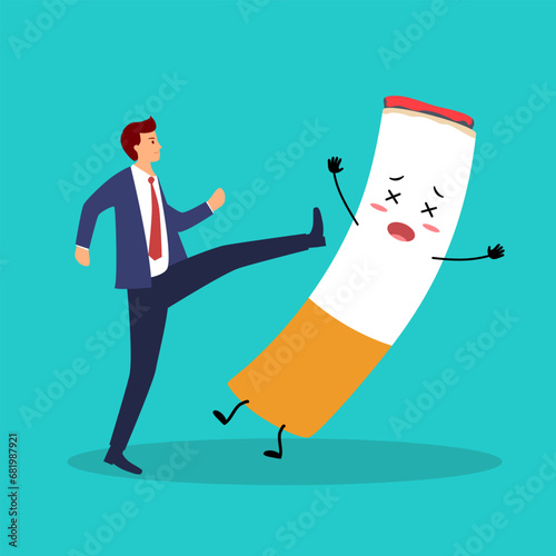 Businessman kick cigarette cartoon character in flat design vector. Nicotine addiction. Stop smoking, healthy lifestyle concept.