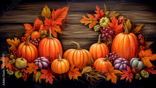 Pumpkins and gourds in autumn border frame background.