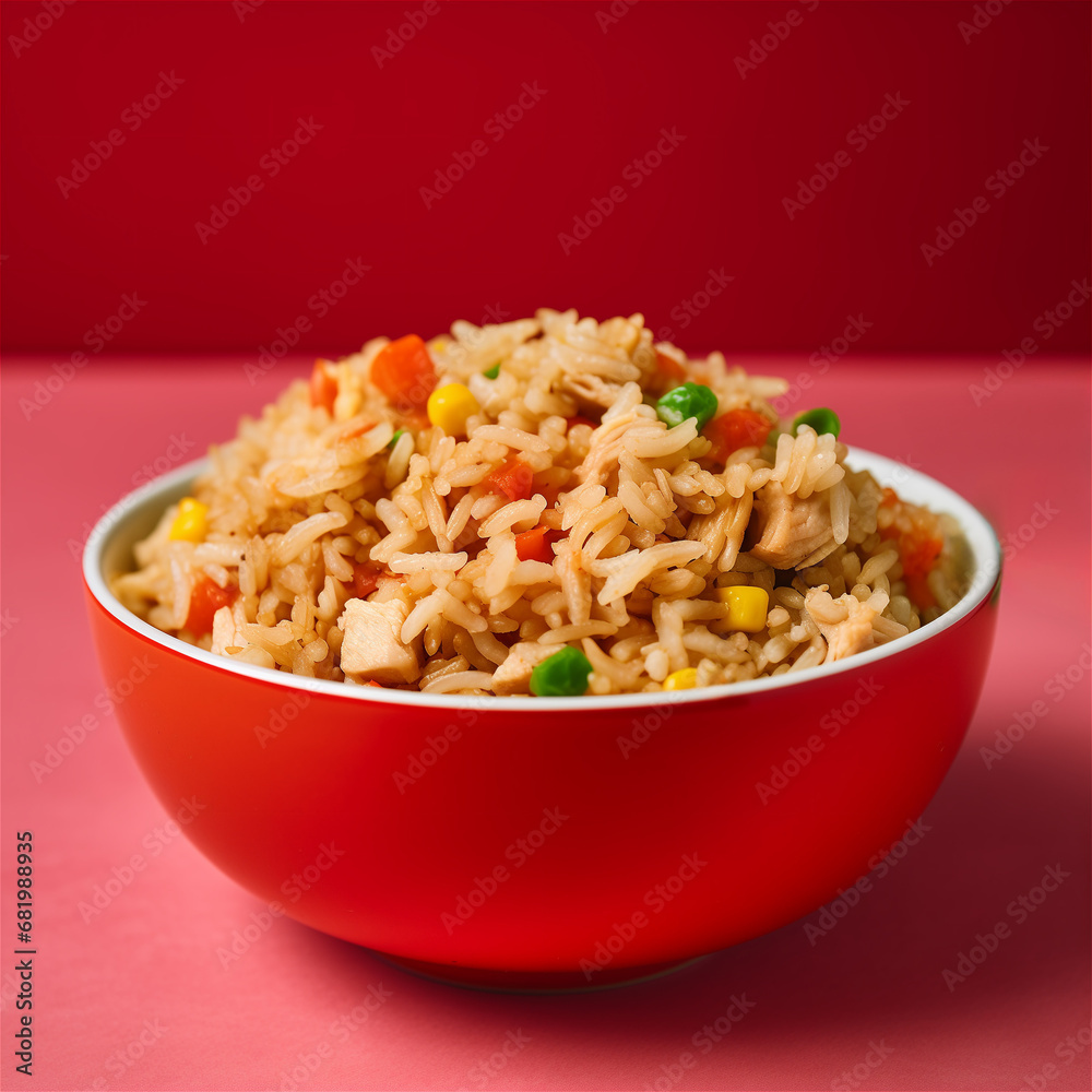 Bowl of chicken fried rice with vegetables on a red background, with peas, carrots and corn, isolated Chinese food, asian dish, fast food, traditional, rice bowl Bowl of chicken fried rice with vegetables on a red background, with peas, carrots and corn, isolated Chinese food, asian dish, fast food, traditional, rice bowl