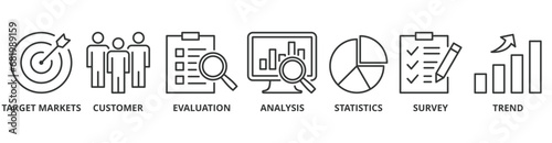 Market research banner web icon vector illustration concept with icon of target markets, customer, evaluation, analysis, statistics, survey and trend photo