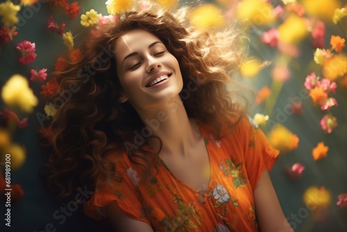A heartwarming snapshot of a woman at peace with herself, her smile conveying inner happiness, as she embraces the vibrant colors of summer at home