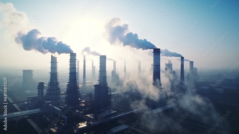 Environmental pollution. Aerial view of factory emitting CO2