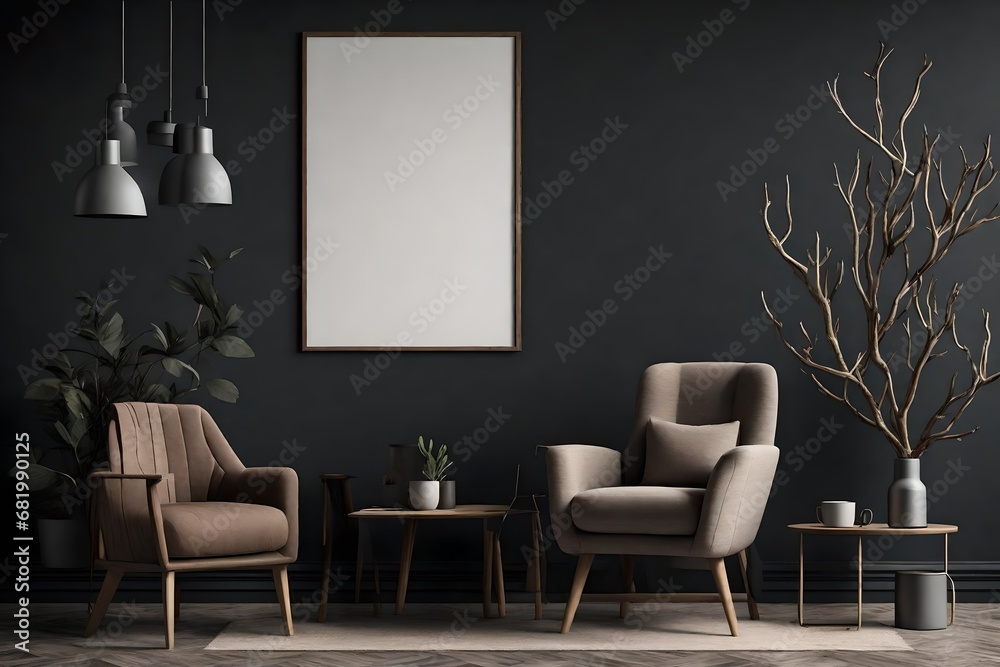 Luxury dark living room interior with gray sofa mock up, modern interior background, empty black wall mockup, 3d illustration Luxury dark living room interior with gray sofa mock up, modern interior background, empty black wall mockup, 3d illustration