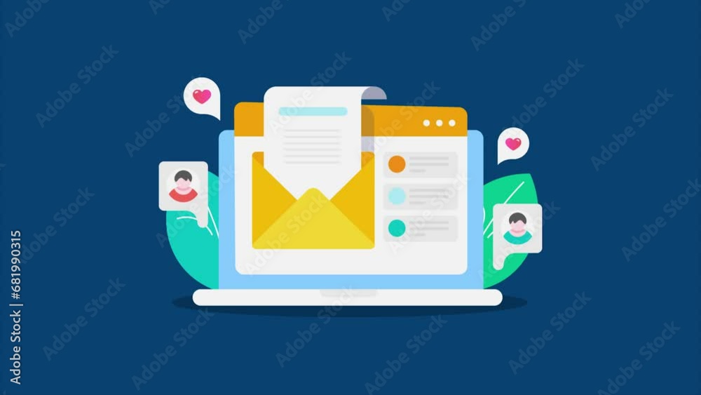 Open email document on laptop, newsletter subscription message notification conceptual video animation. Open email document on laptop, newsletter subscription message notification conceptual video animation.