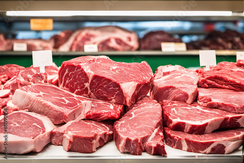 Variety of fresh beef and pork fresh in food store