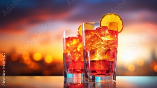 A colorful Tequila Sunrise cocktail served at a bar or beach and a festive blurred background
