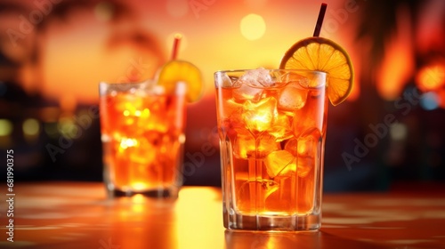 A colorful Tequila Sunrise cocktail served at a bar or beach and a festive blurred background