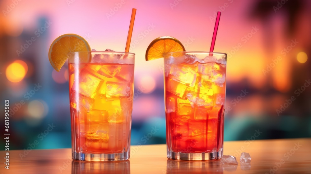 A colorful Tequila Sunrise cocktail served at a bar or beach and a festive blurred background A colorful Tequila Sunrise cocktail served at a bar or beach and a festive blurred background