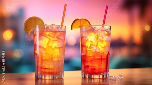 A colorful Tequila Sunrise cocktail served at a bar or beach and a festive blurred background