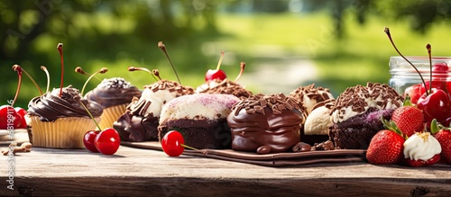 background of a summer picnic  a wooden board is filled with gourmet desserts red velvet cupcakes  chocolate ice cream  and black forest balls  each one bursting with decadent flavors and cream. The