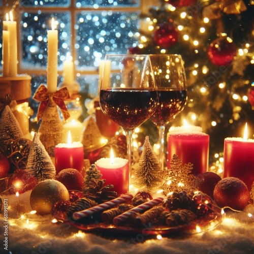 Cozy Christmas dinner table setting, featuring two glasses of red wine, candl...