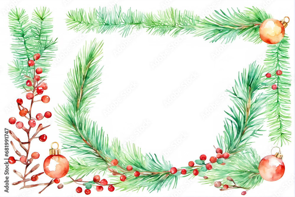 Christmas pine tree branches and Christmas festive utensils in flat illustration style Christmas pine tree branches and Christmas festive utensils in flat illustration style