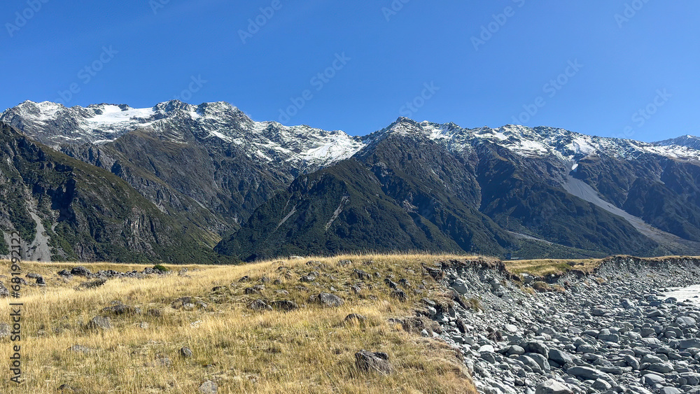 The Tasman river flowing through alpine grassland in Tasman valley Mount Cook National Park