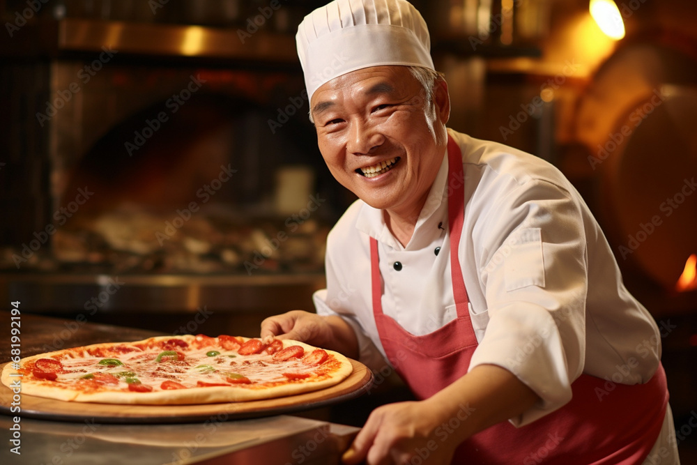 The portrait of an mature male Asian chef in white uniform, top hat, and apron, holding a pizza and smiling in front of a pizza oven. Generative AI. The portrait of an mature male Asian chef in white uniform, top hat, and apron, holding a pizza and smiling in front of a pizza oven. Generative AI.