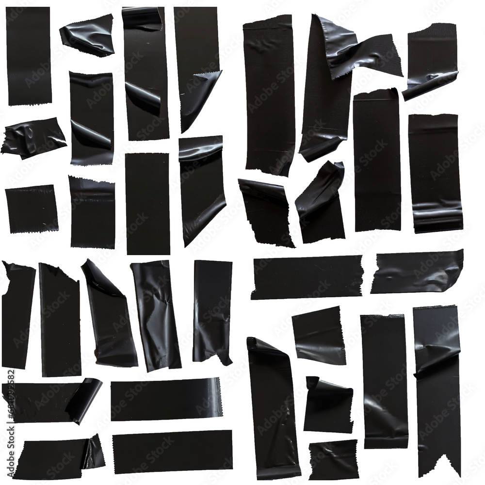 Torn fragments of black adhesive tape.white background.