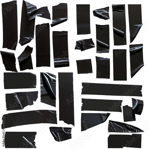 Torn fragments of black adhesive tape.white background.