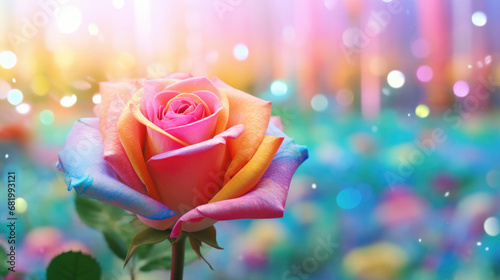 Rainbow roses petals on a colorful bokeh background.