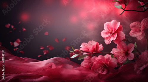 Mockup with flowers and petals on dark red and purple background © tashechka