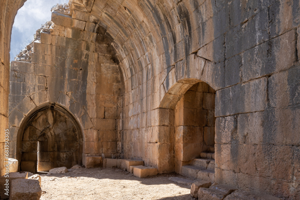 The big  hall in the side watchtower in medieval fortress of Nimrod - Qalaat al-Subeiba, located near the border with Syria and Lebanon in the Golan Heights, northern Israel