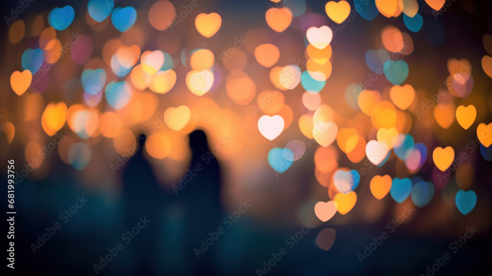 Silhouette of a couple in love with heart bokeh background - obrazy, fototapety, plakaty 