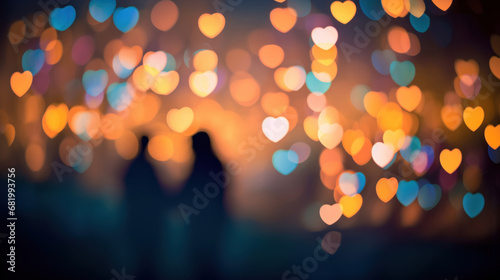Silhouette of a couple in love with heart bokeh background photo
