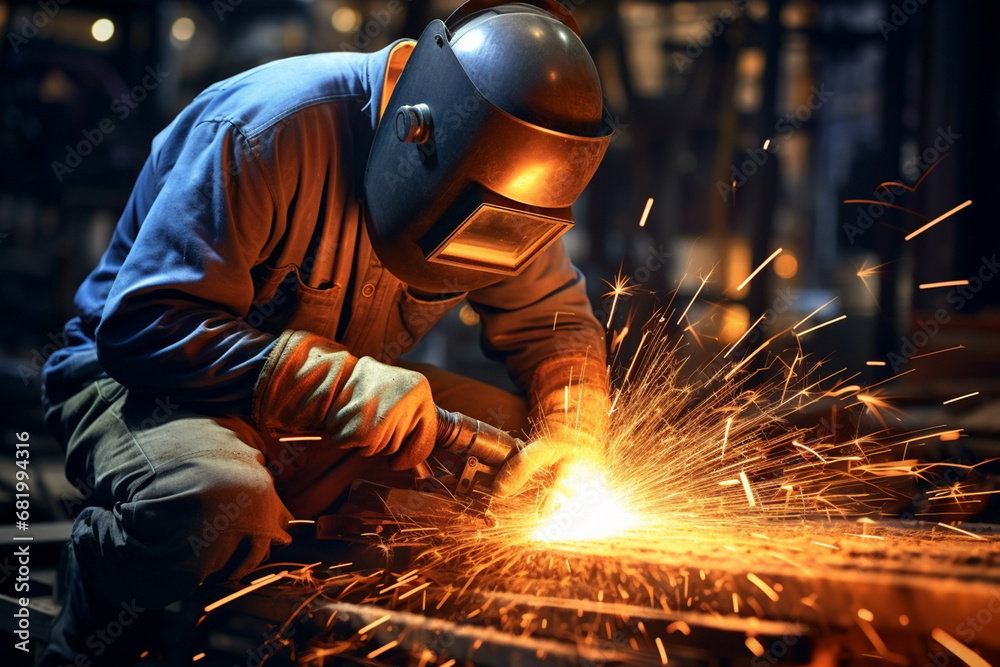 The portrait of a male worker in a safety outfit and welding helmet welds metal bars in a factory. Generative AI. The portrait of a male worker in a safety outfit and welding helmet welds metal bars in a factory. Generative AI.