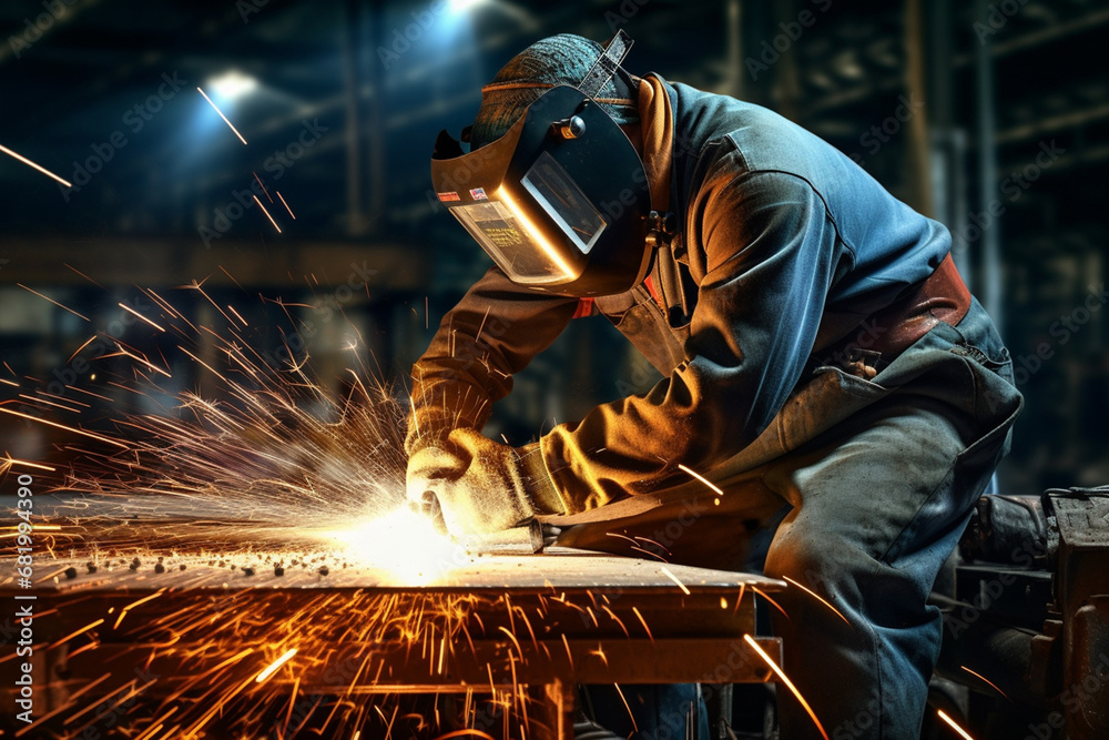 The portrait of a male worker in a safety outfit and welding helmet welds metal bars in a factory. Generative AI. The portrait of a male worker in a safety outfit and welding helmet welds metal bars in a factory. Generative AI.
