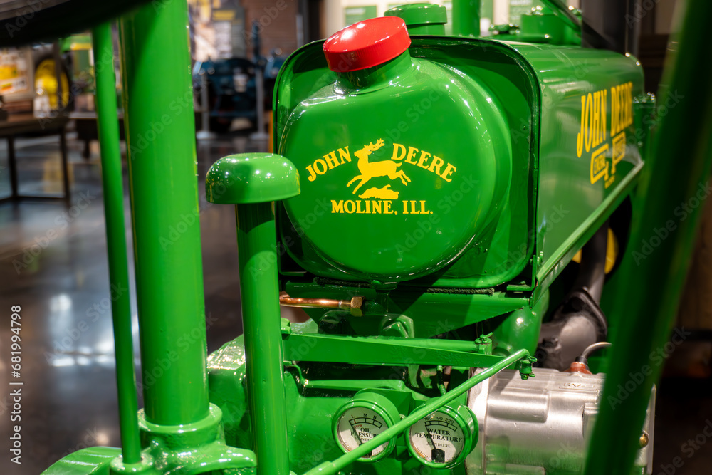 John Deere Tractor and Engine Museum in Waterloo, Iowa. John Deere logo with jumping deer