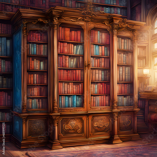 Vintage Old Library Bookcase with colorful books © Evgeniia
