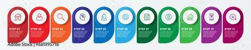 Simple infographic 11 parts or options, simple design with circles and square solid lines with colorful, icons, text and numbers, for presentations, flow diagrams and your business