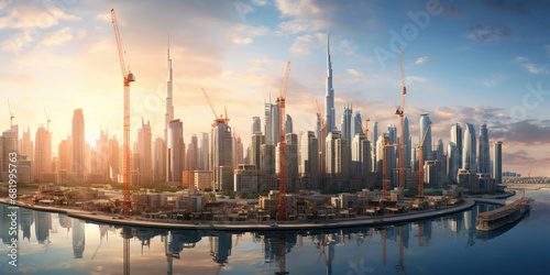 Cityscape depicted with towering skyscrapers and construction cranes