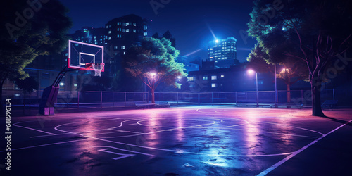 Basketball court under the bright city lights at night