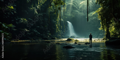 Solitary figure stands near a waterfall in a dense jungle