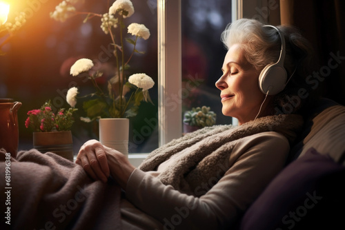Senior woman and eye closed listening music with headphones and relaxed in sofa